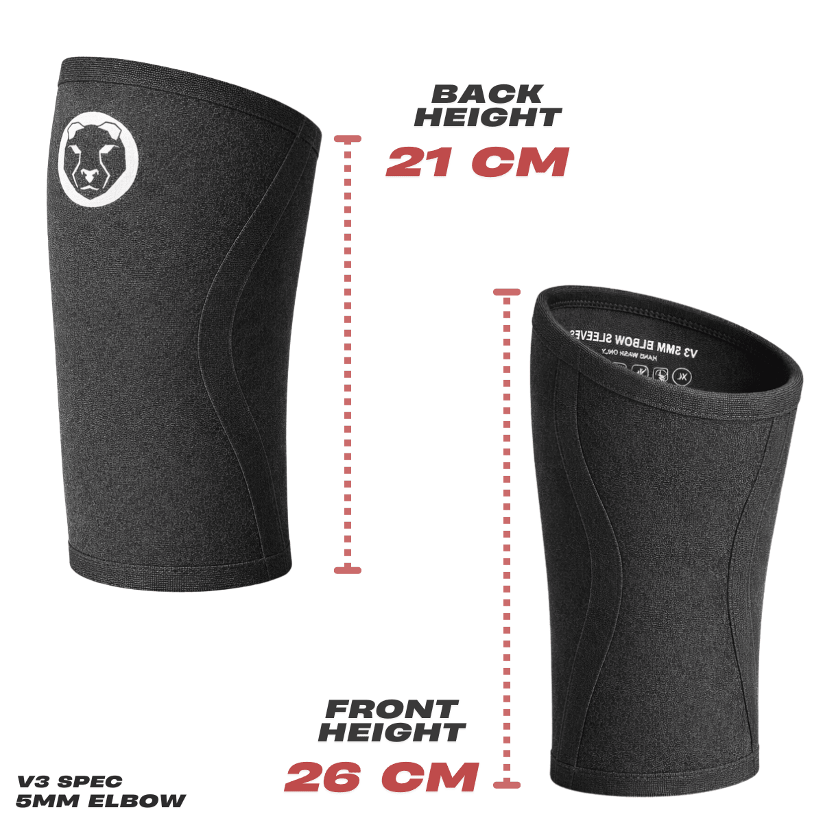 Mammal V3 5mm elbow sleeves height measurements diagram, 26cm