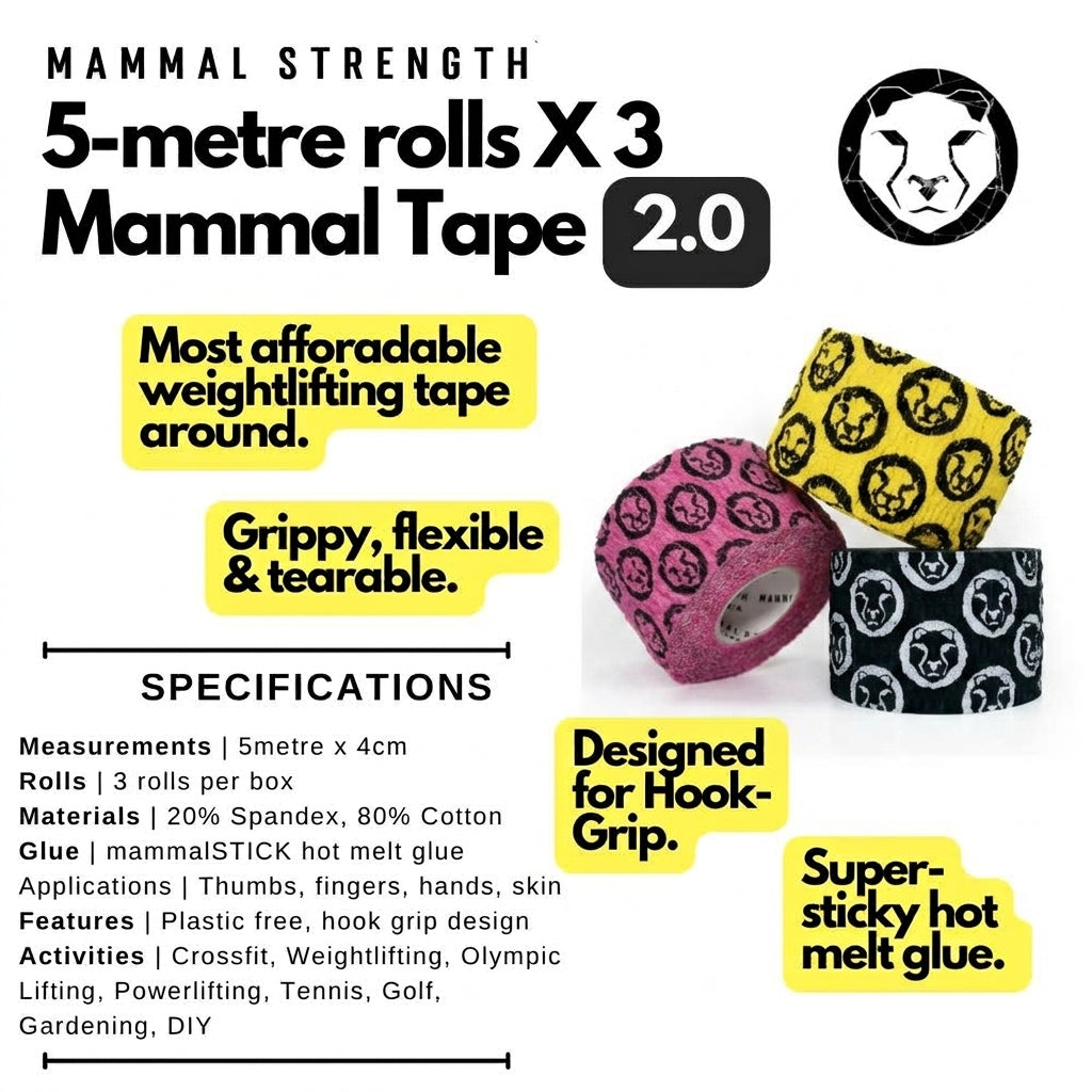 Weightlifting thumb tape 5m rolls 3-pack multicolour, colourway comparison shot – Mammal Strength
