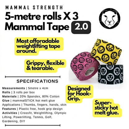 Weightlifting thumb tape 5m rolls 3-pack multicolour, colourway comparison shot – Mammal Strength