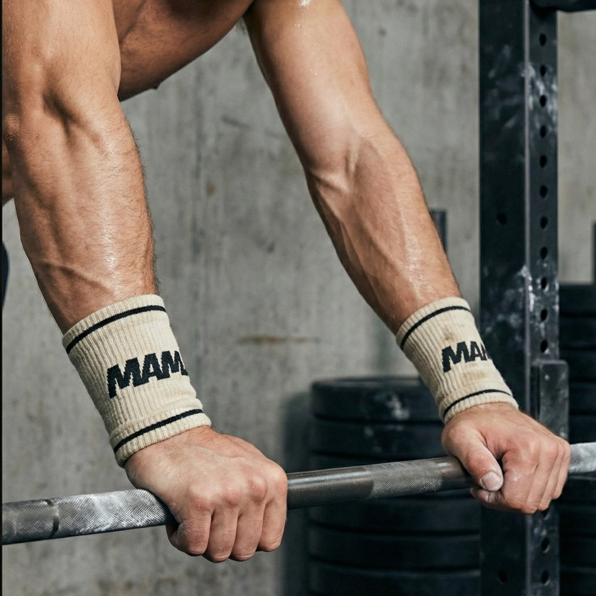 Athlete wearing long wristbands sweatbands 15cm during CrossFit weightlifting workout