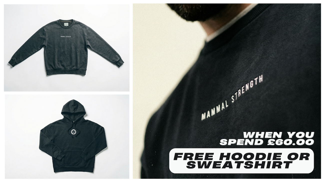 Mammal Strength hoodie and sweatshirt promotion showing free apparel offer when spending £60