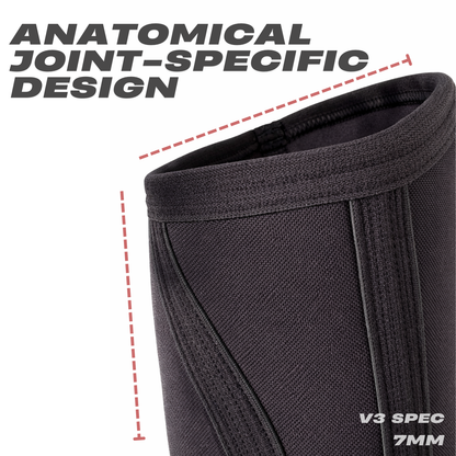 Anatomical joint-specific design of Mammal Strength V3 7mm knee sleeves for stable knee support during lifting
