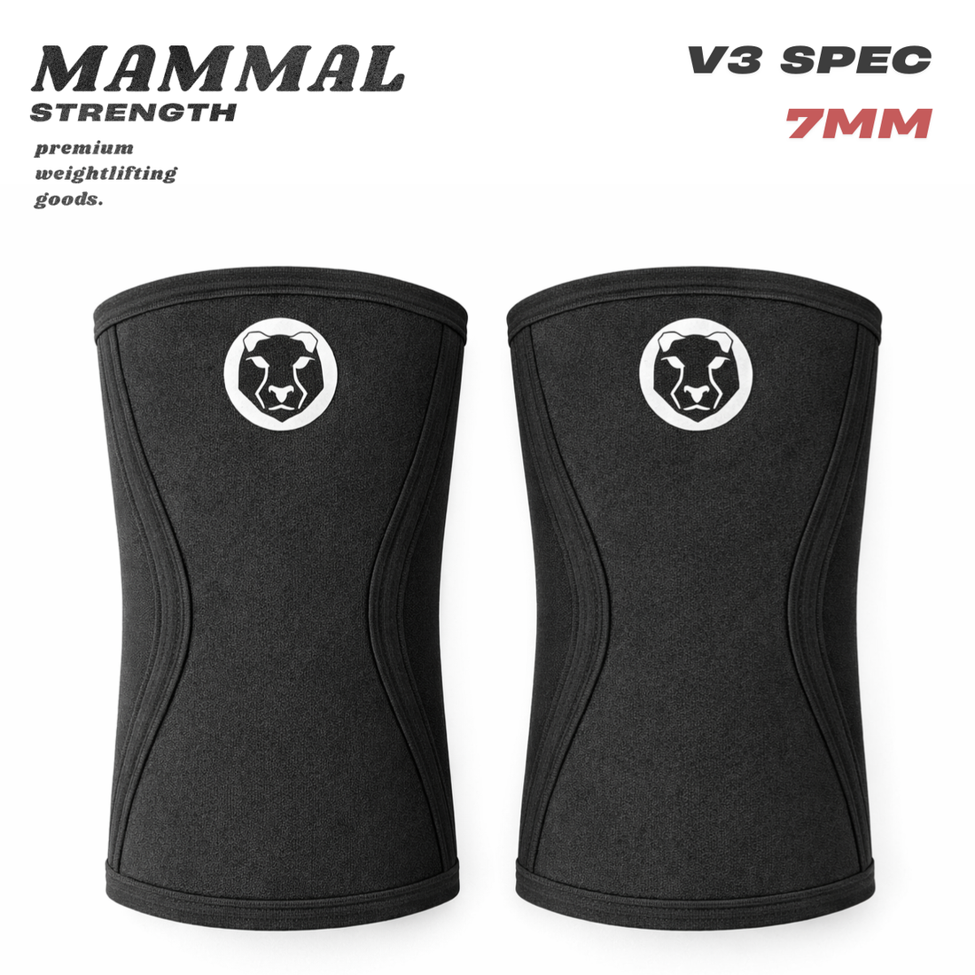 Front view of Mammal Strength V3 7mm black knee sleeves for weightlifting and strength training
