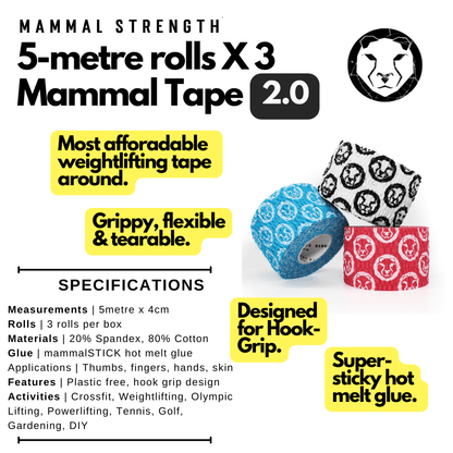 Mammal Tape 2.0 - 5 - Metre Rolls - Thumb &amp; Weightlifting Tape (3 - Pack) (Other International) - Mammal Strength